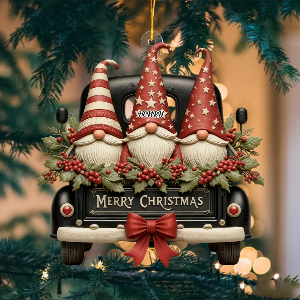 Personalized Christmas Vintage Dwarf Truck Ornament With 1-3 Names on Star Hats Best Gift For Family Friend