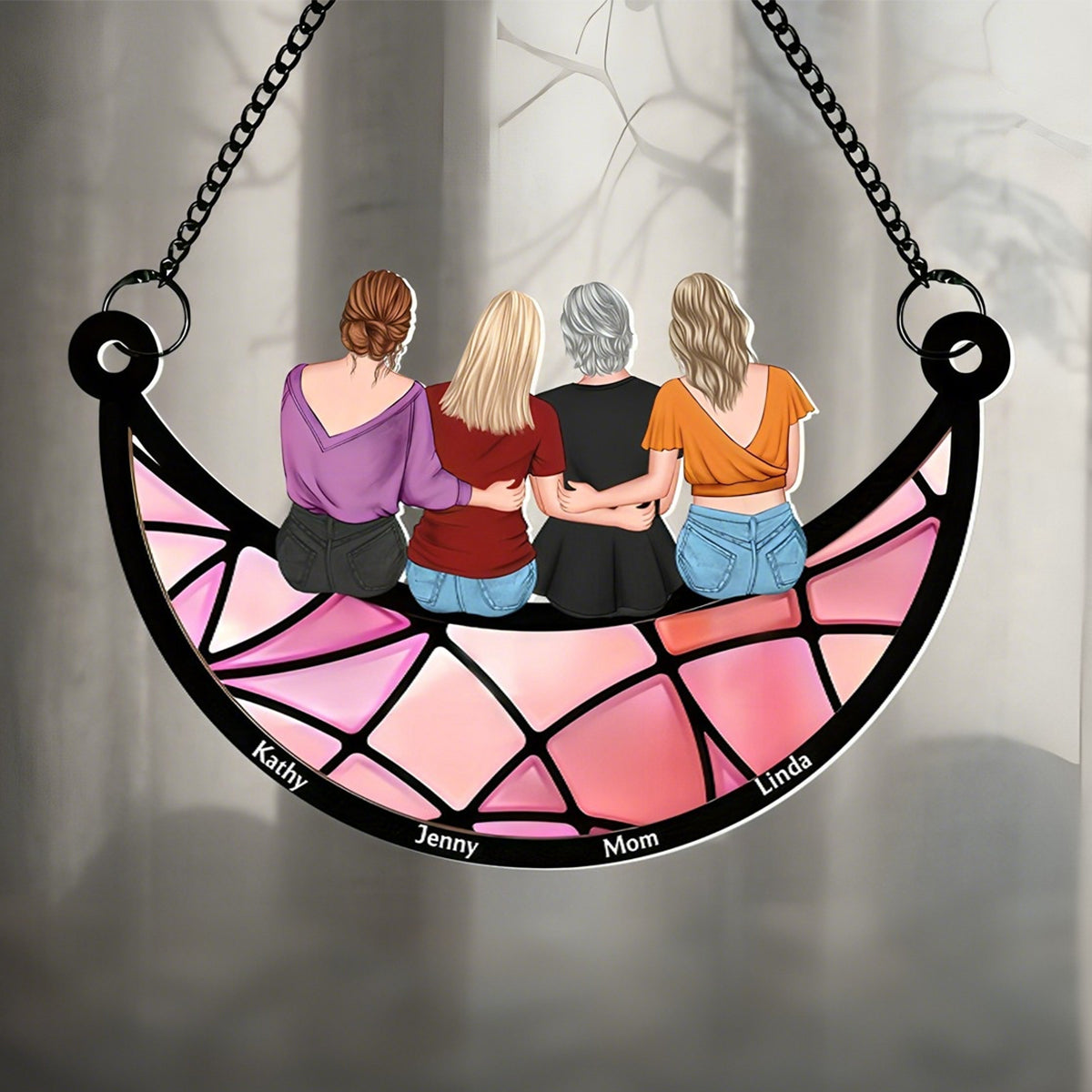 Mother & Daughter On The Moon - Personalized Window Hanging Suncatcher Ornament