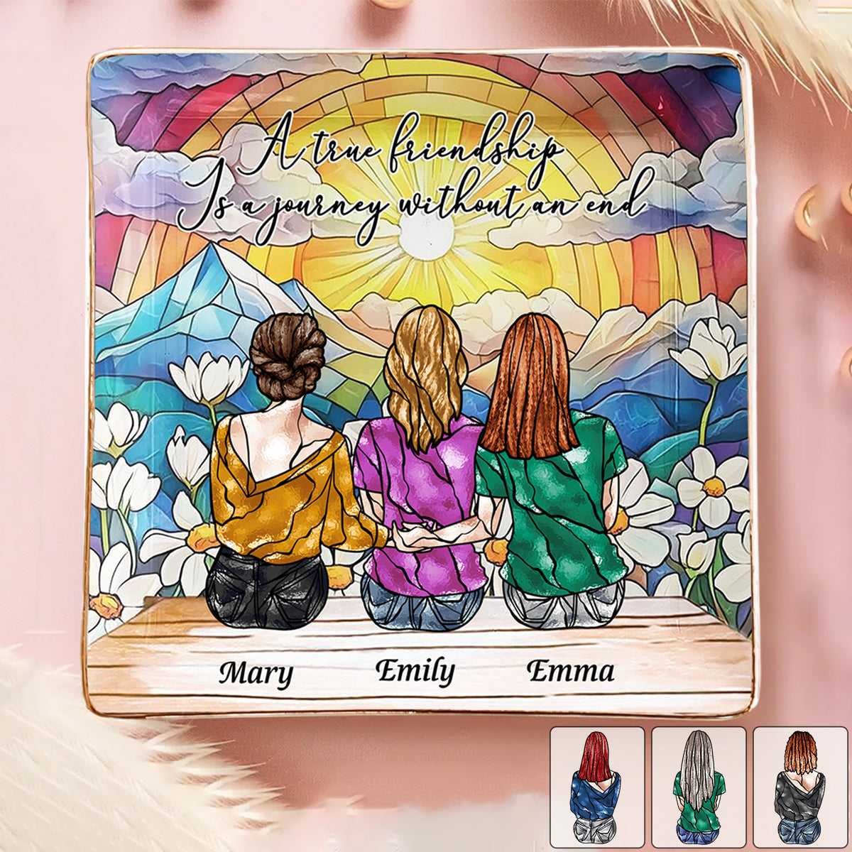 Personalized Friendship Jewelry Dish - A True Friendship Is A Journey Without An End Stained Glass Style | Custom Best Friend Gift For Girls