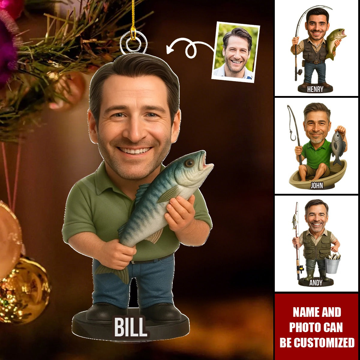 Personalized Fisherman Christmas Ornament With Name And Photo,Unique Angler Decor For Dad Grandpa Friend