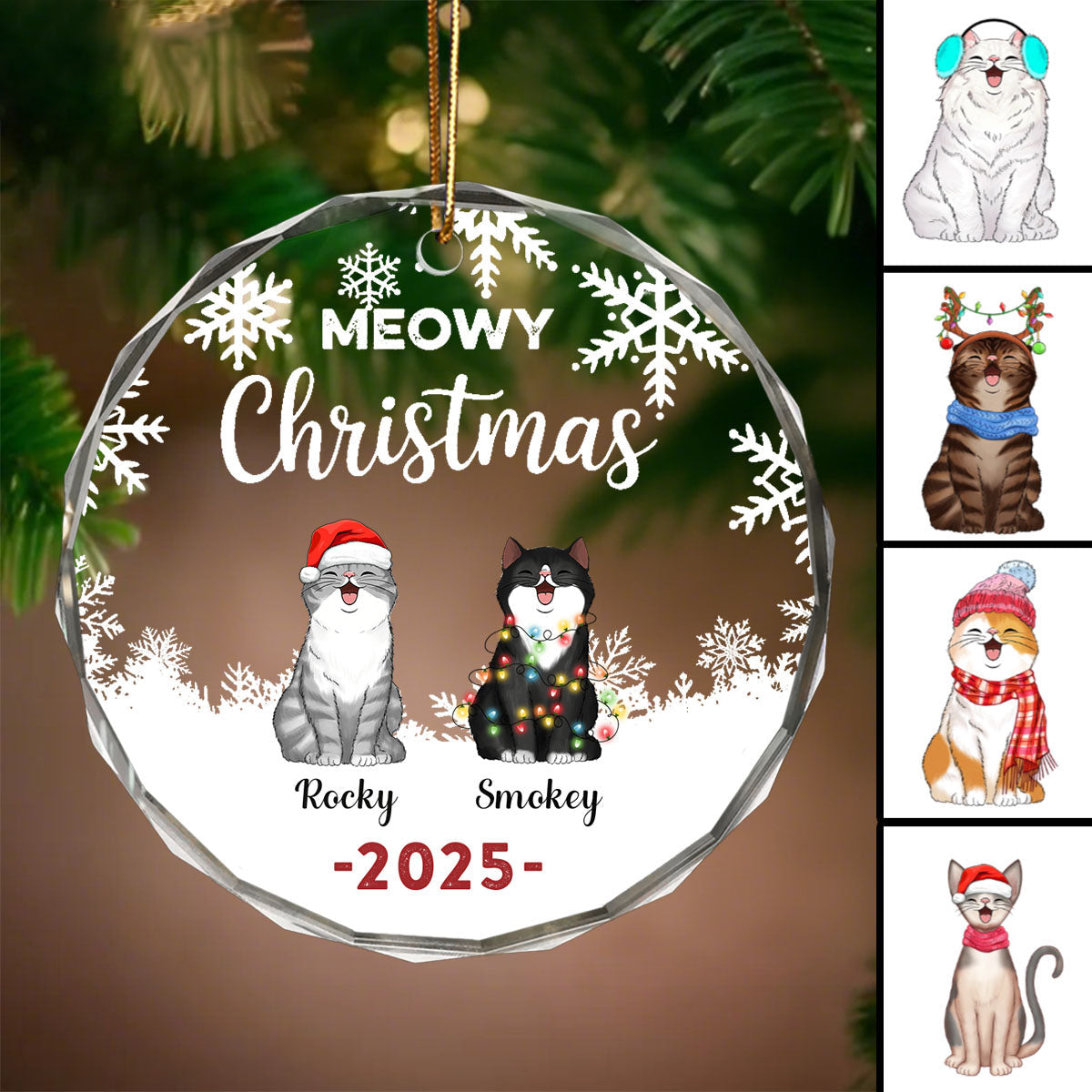 Personalized "Meowy Christmas" Glass Ornament With 1-6 Cats Name And Year Perfect For Christmas & Birthday Gifts For Cat Lover