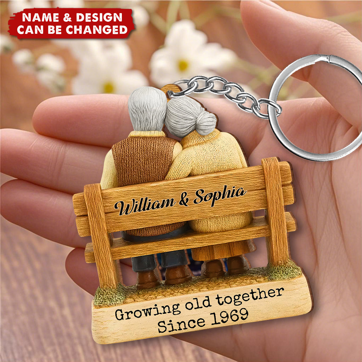 Personalized Couple On Bench Wooden Keyring With "Growing Old Together" & Nmae & Icons - Anniversary Valentine's Day Gift For Couples