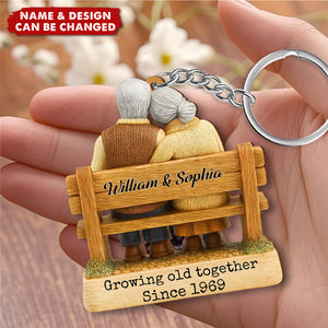 Personalized Couple On Bench Wooden Keyring With "Growing Old Together" & Nmae & Icons - Anniversary Valentine's Day Gift For Couples