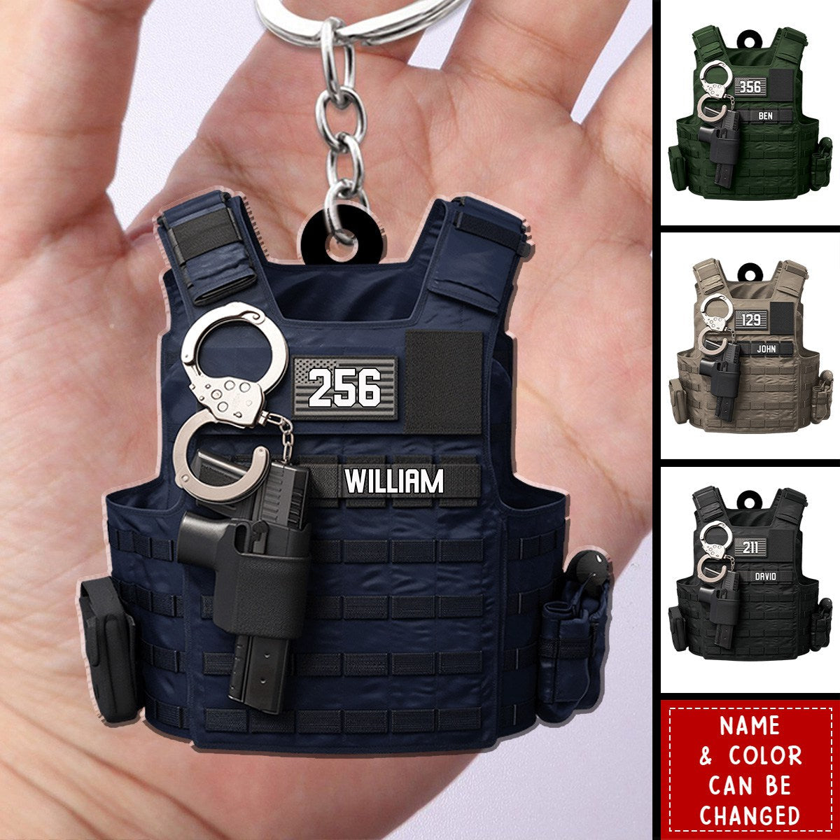 Personalized Law Enforcement Gift - Tactical Bulletproof Vest Keychain, Custom Name & Badge Number, Durable Acrylic Tribute for Police Retirement/Memorial Day