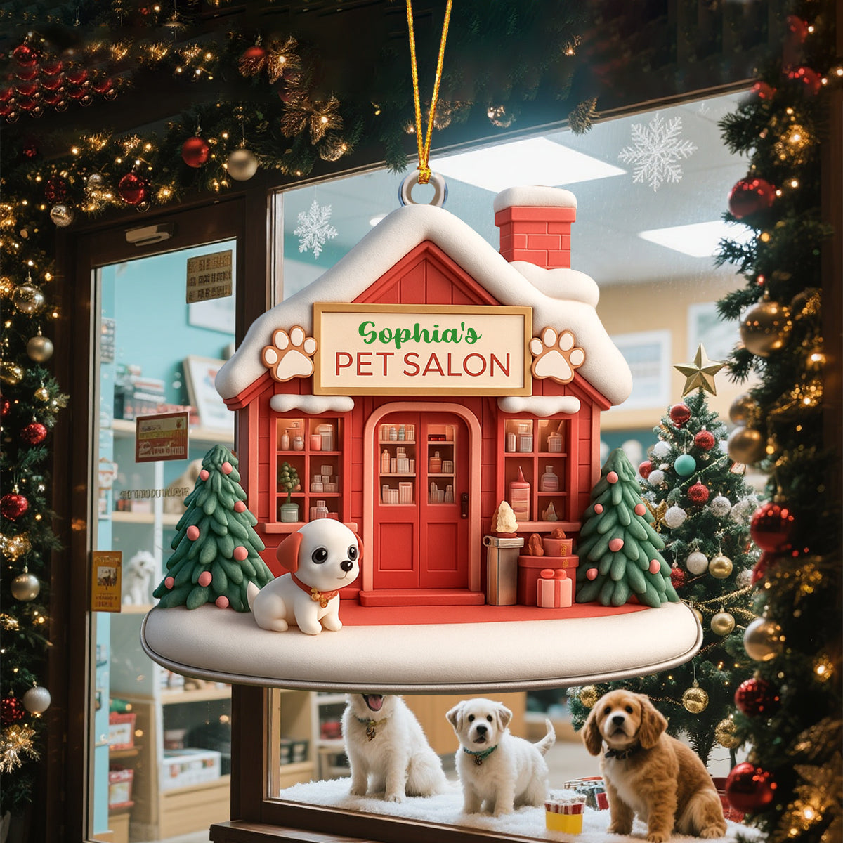Pet Salon With Dog and Christmas Tree - Personalized Wood Ornament