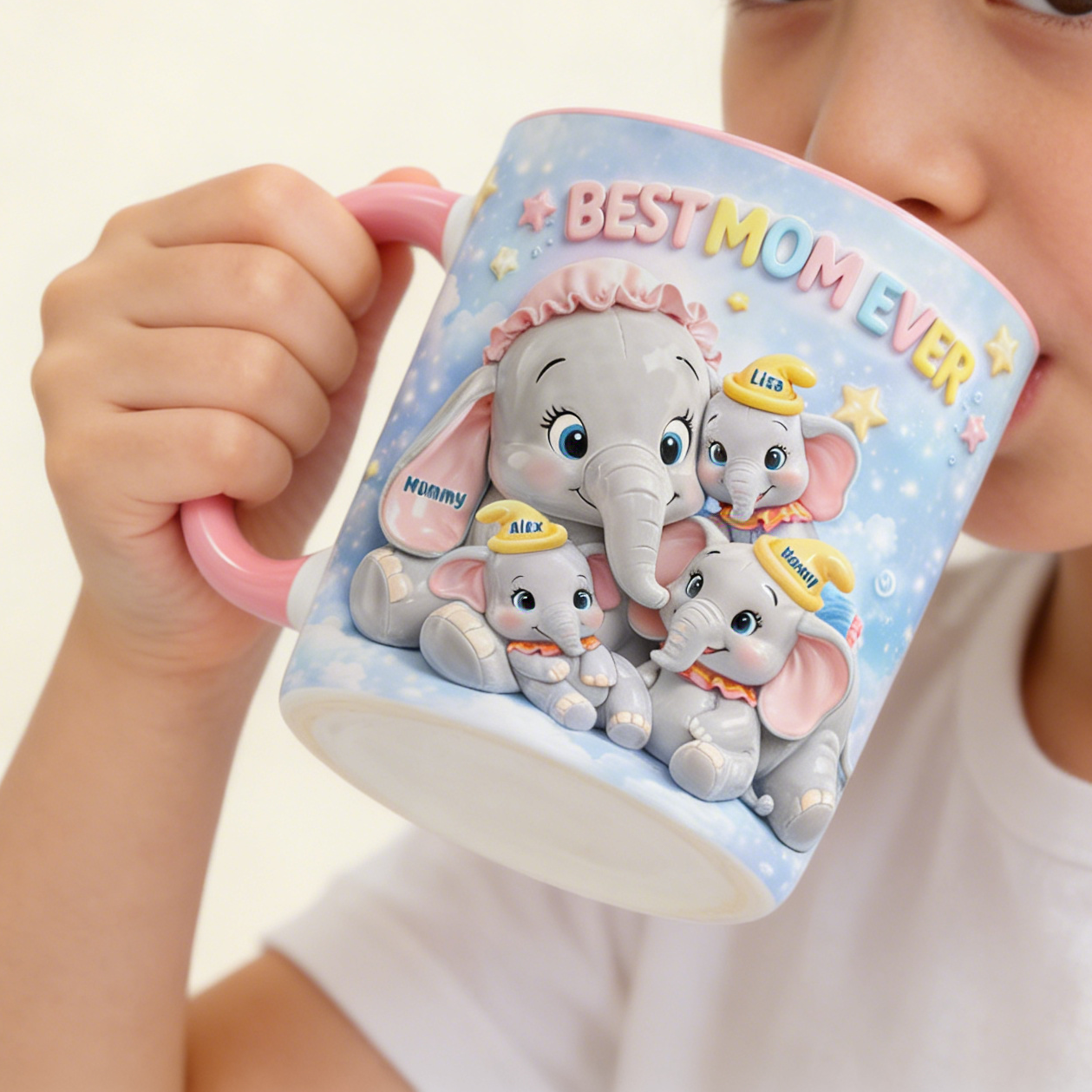 Personalized "Best Mom Ever"Ceramic Mug With Elephant Mom & 5 Kids - Creative Mother's Day Gift For Mama
