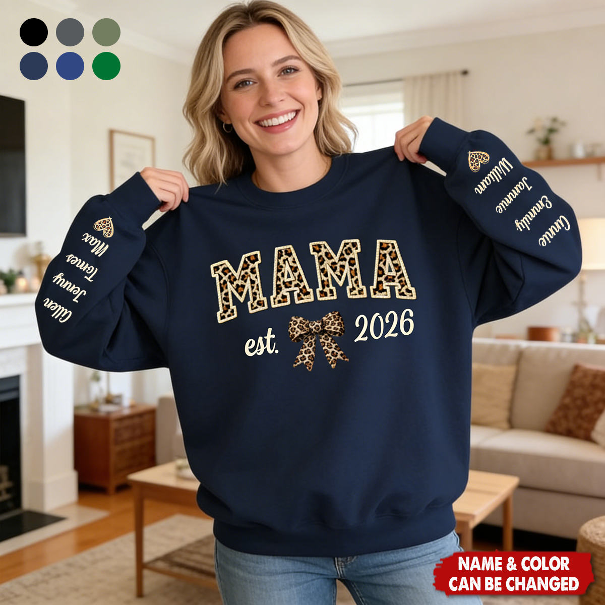 Personalized Leopard MAMA Sweatshirt With 1-10 Kids Names & Color & Year | Cozy "Heart Full of Love" Mother's Day Gift For Mom Grandma