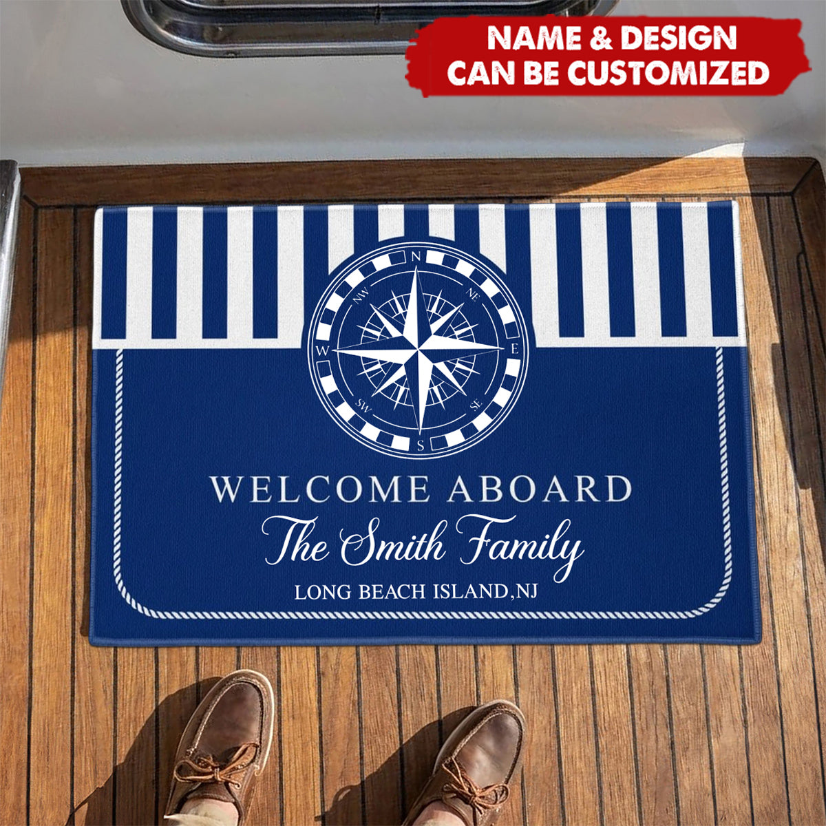 Personalized Welcome Aboard Nautical Doormat With Family Name & Anchor Design - Best Father’s Day Retirement Gift For Captains And Dad