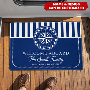 Personalized Welcome Aboard Nautical Doormat With Family Name & Anchor Design - Best Father’s Day Retirement Gift For Captains And Dad