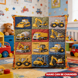 Personalized Quilted-Look Construction Machines Pillow With Kid's Name | Unique Nursery Decor & Naptime Companion Birthday Gift For Kids