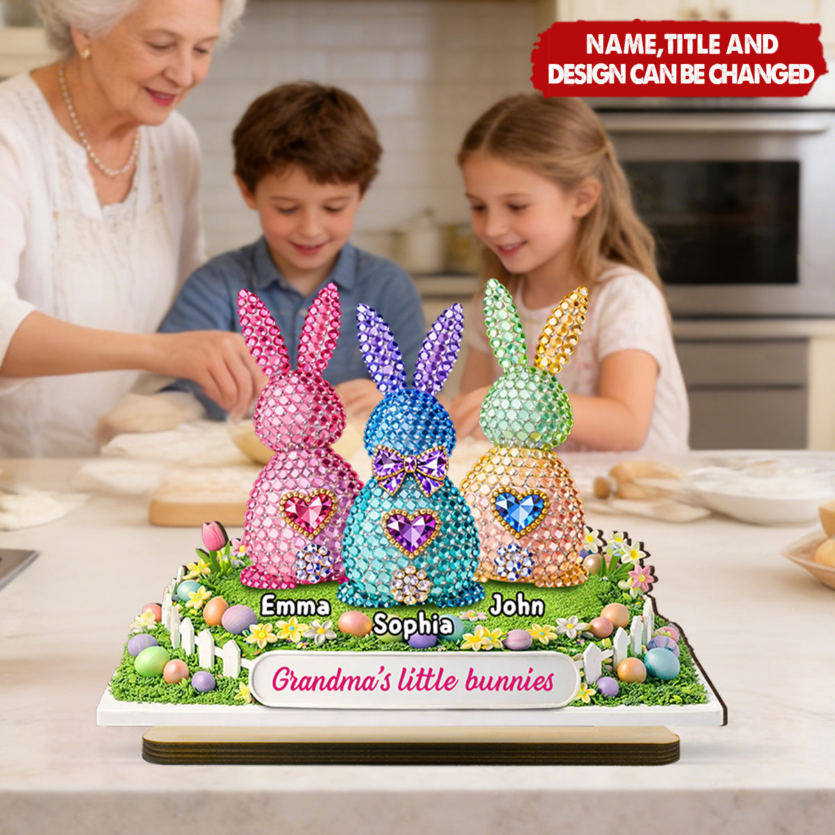 Personalized 2-Layered Wooden Plaque With 1-6 Bunnies & Names | Enchanting "Grandma's Little Bunnies" Easter Gift For Nana & Mimi