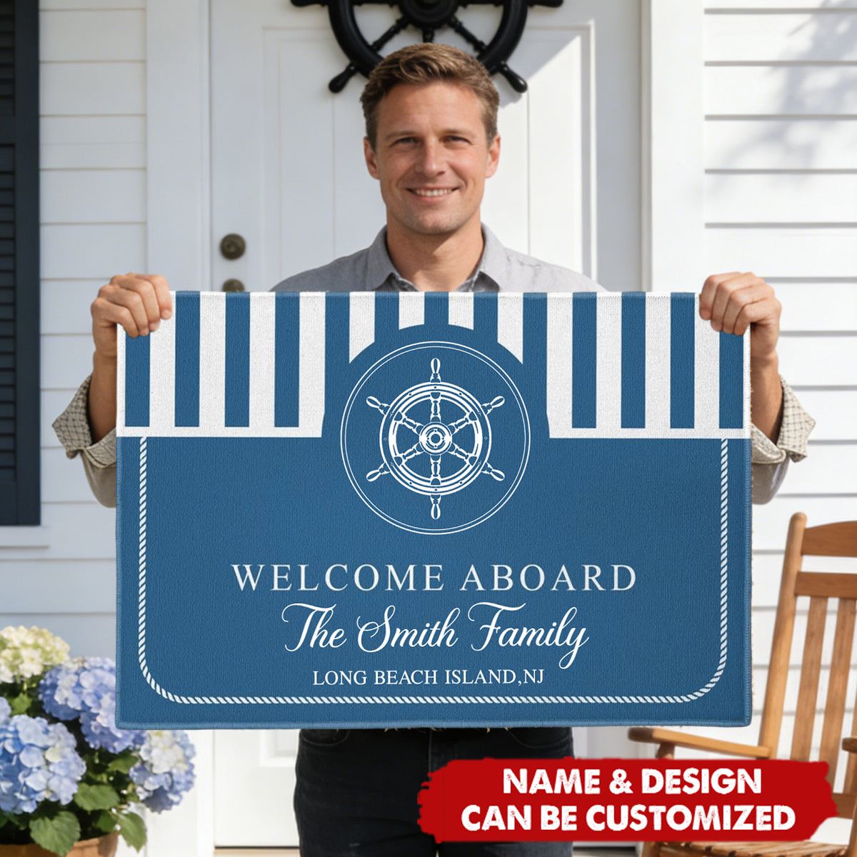 Personalized Welcome Aboard Nautical Doormat With Family Name & Anchor Design - Best Father’s Day Retirement Gift For Captains And Dad
