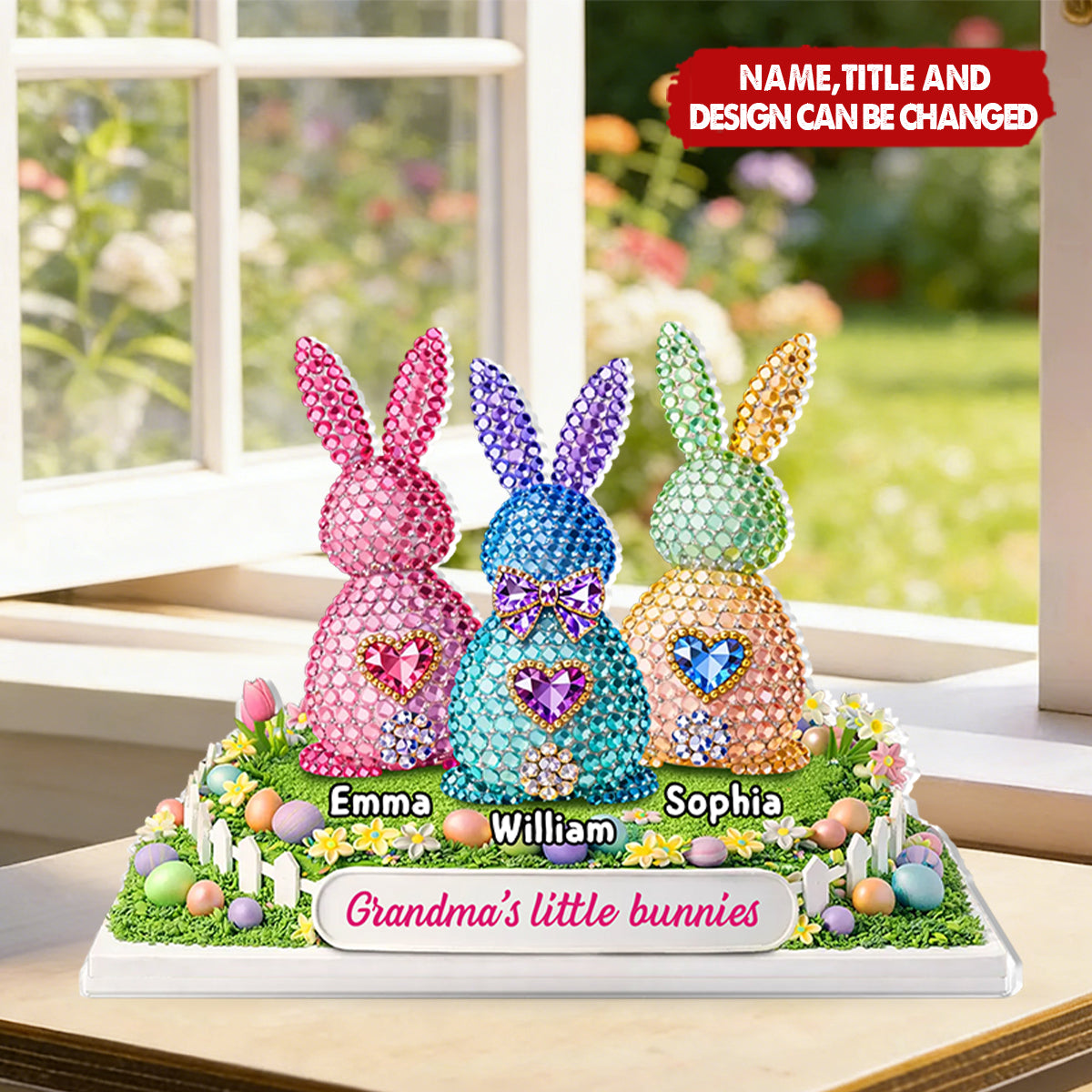 Personalized Acrylic Block Plaque With1-6 Bunnies & Names | Whimsical "Grandma's Little Bunnies" Easter Keepsake For Nana & Mimi