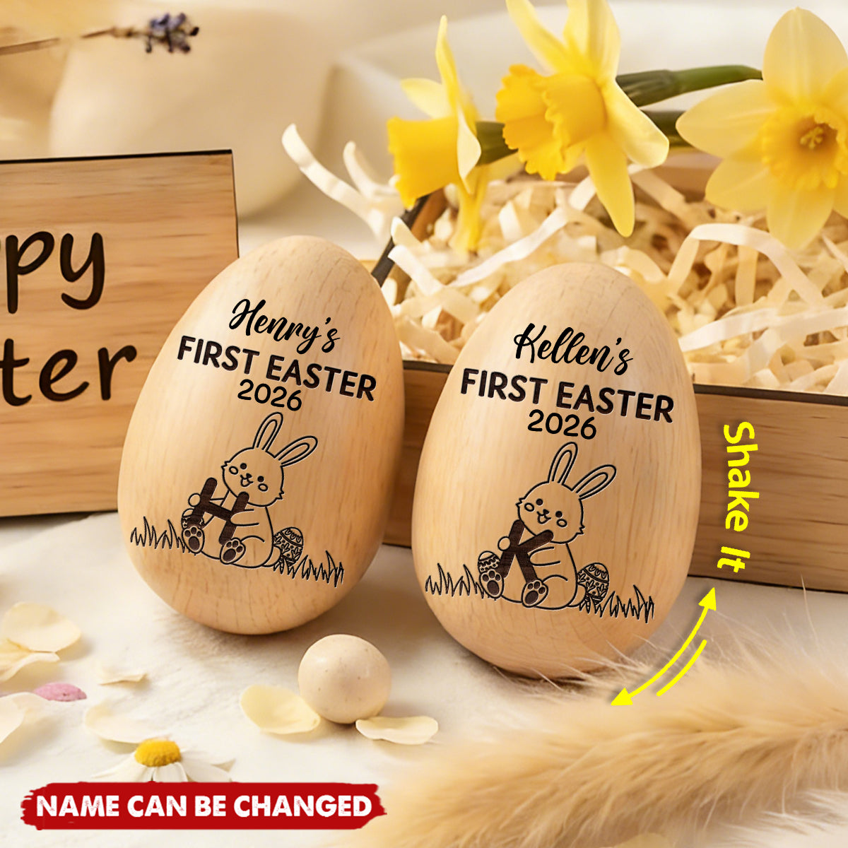 Personalized "First Easter" Musical Wooden Egg Shaker With Name & Year - Creative Baby's 1st Easter Keepsake Basket Stuffer Gift For Kids
