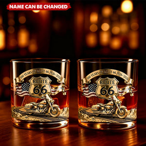 Personalized 100 Years of Route 66 Vintage Cycle Whiskey Glass With Biker Name - Retirement Gift Road Trip Souvenir For Dad & Grandpa