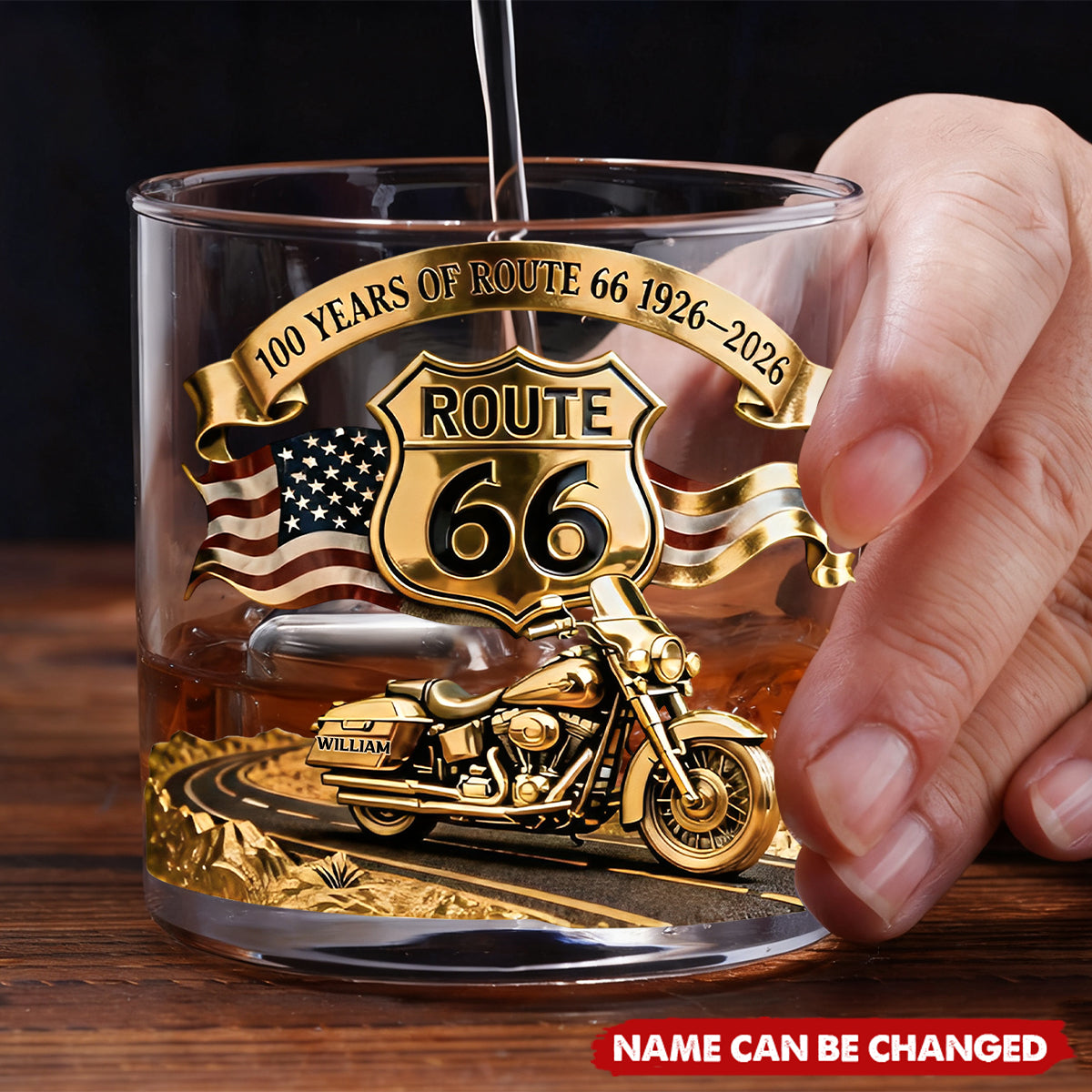 Personalized 100 Years of Route 66 Vintage Cycle Whiskey Glass With Biker Name - Retirement Gift Road Trip Souvenir For Dad & Grandpa