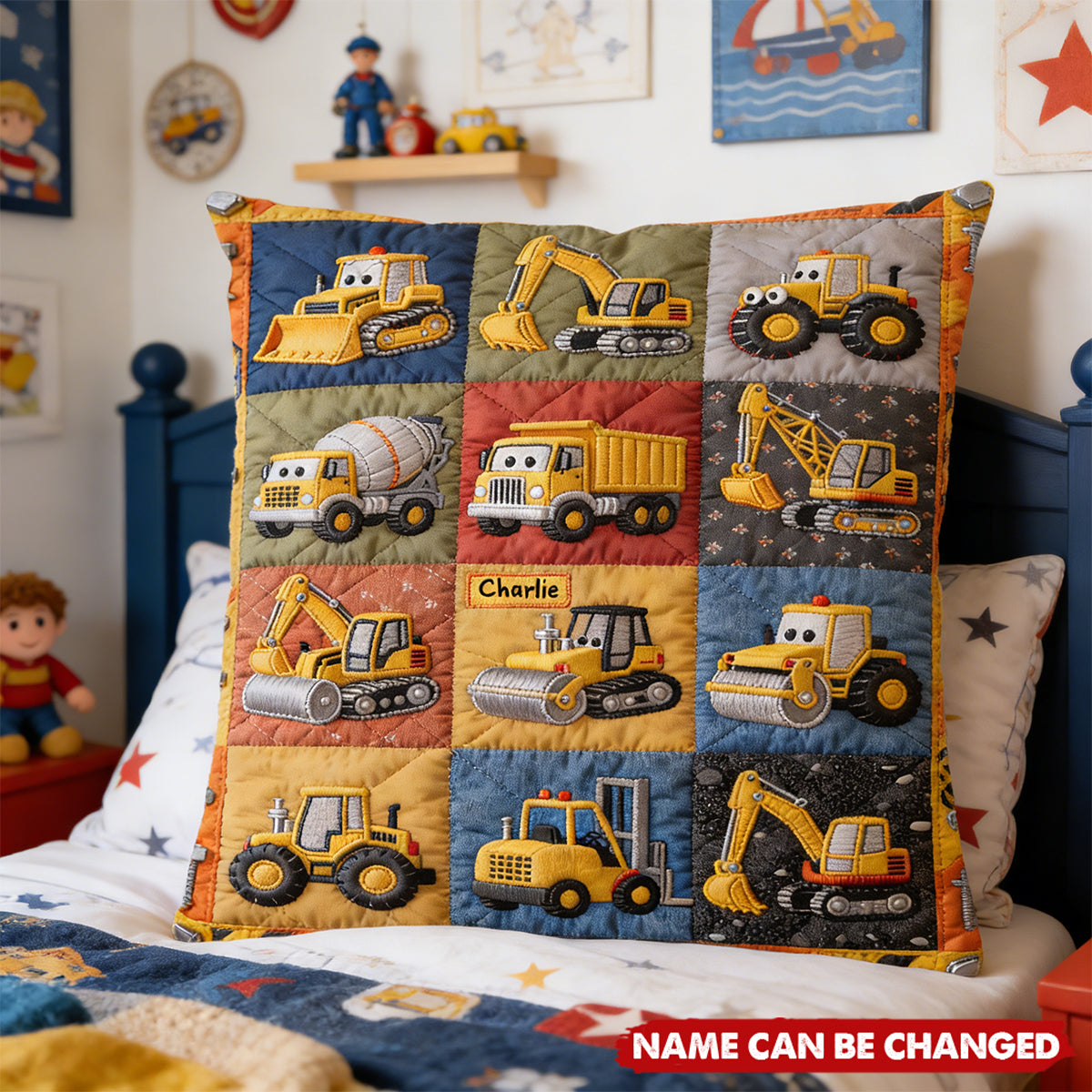 Personalized Quilted-Look Construction Machines Pillow With Kid's Name | Unique Nursery Decor & Naptime Companion Birthday Gift For Kids