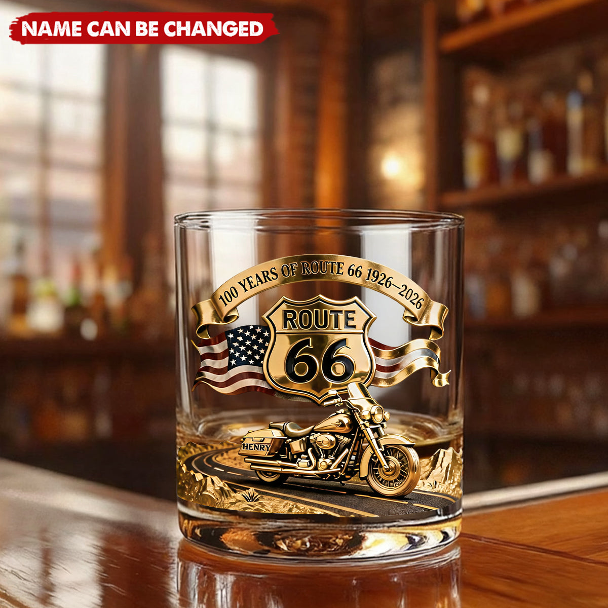 Personalized 100 Years of Route 66 Vintage Cycle Whiskey Glass With Biker Name - Retirement Gift Road Trip Souvenir For Dad & Grandpa