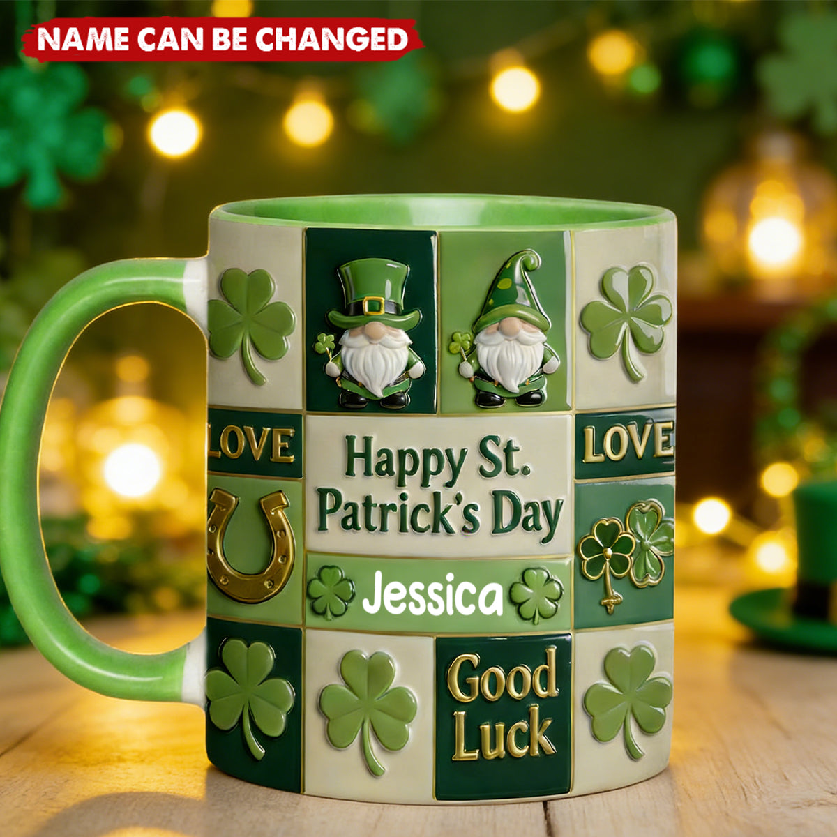 Personalized Lucky Shamrock Green Accent Mug With Name & Irish Blessing - Festive St. Patrick's Day Surprise Gift For Friends & Coworkers