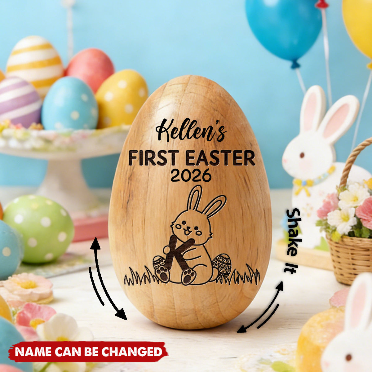 Personalized "First Easter" Musical Wooden Egg Shaker With Name & Year - Creative Baby's 1st Easter Keepsake Basket Stuffer Gift For Kids