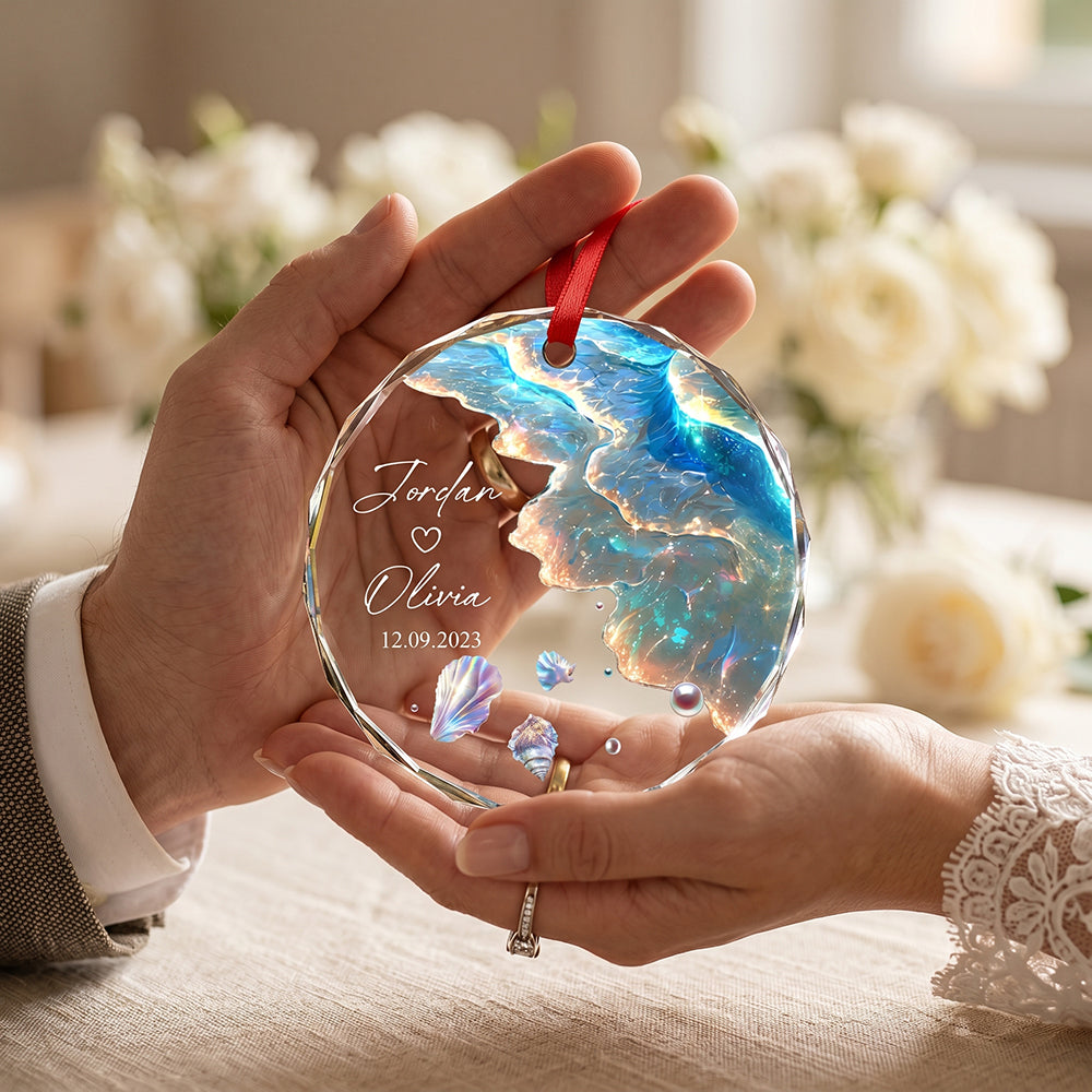 Personalized Names Date Glass Ornament With Ocean Wave Shell For Married Mr & Mrs Anniversary Gift