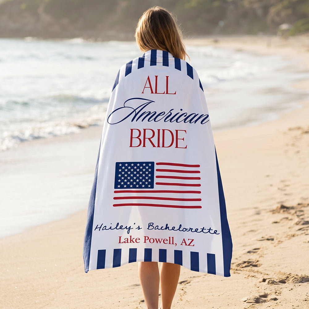 Personalized Name & Location Beach Towel With All American Bride Graphic For Wedding Gift