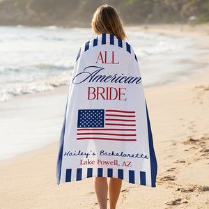 Personalized Name & Location Beach Towel With All American Bride Graphic For Wedding Gift