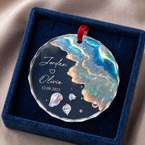 Personalized Names Date Glass Ornament With Ocean Wave Shell For Married Mr & Mrs Anniversary Gift