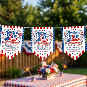 Custom Name America 250th Anniversary Banner With Flag Firework Graphic For 4th Of July Party Decor