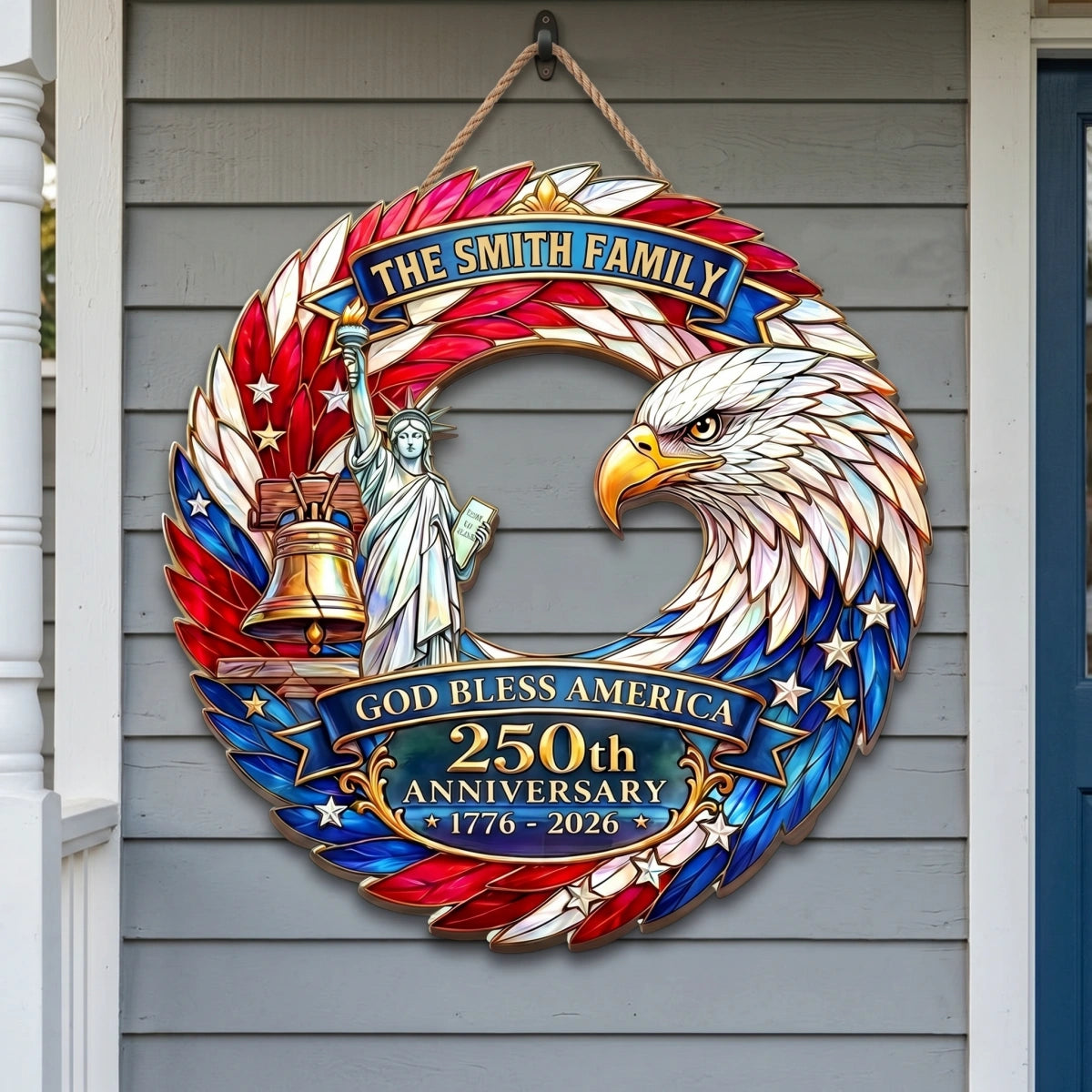 Personalized God Bless America 250th Anniversary Wood Sign With Family Name - Independence Day Gift