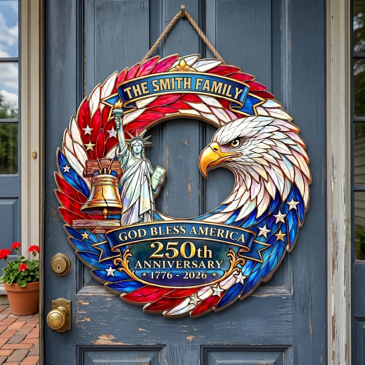 Personalized God Bless America 250th Anniversary Wood Sign With Family Name - Independence Day Gift