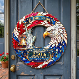 Personalized God Bless America 250th Anniversary Wood Sign With Family Name - Independence Day Gift