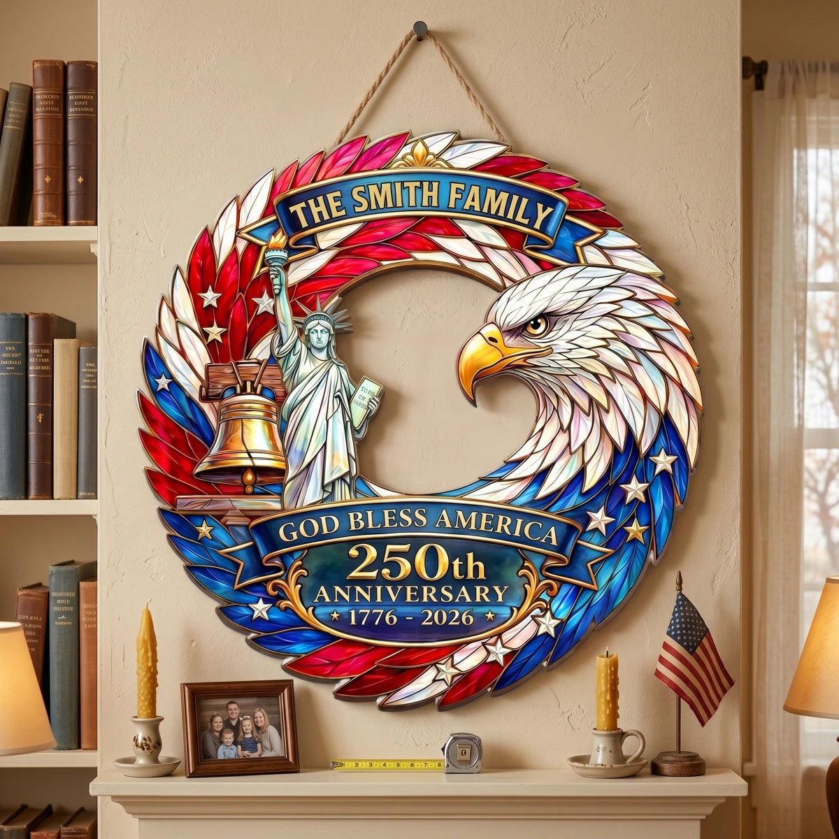 Personalized God Bless America 250th Anniversary Wood Sign With Family Name - Independence Day Gift