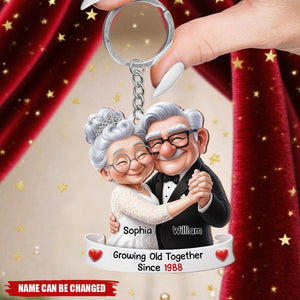 Personalized Cartoon Elderly Couple Keychain With Name & Year - Anniversary Valentine's Day Gift For Parents & Grandparents