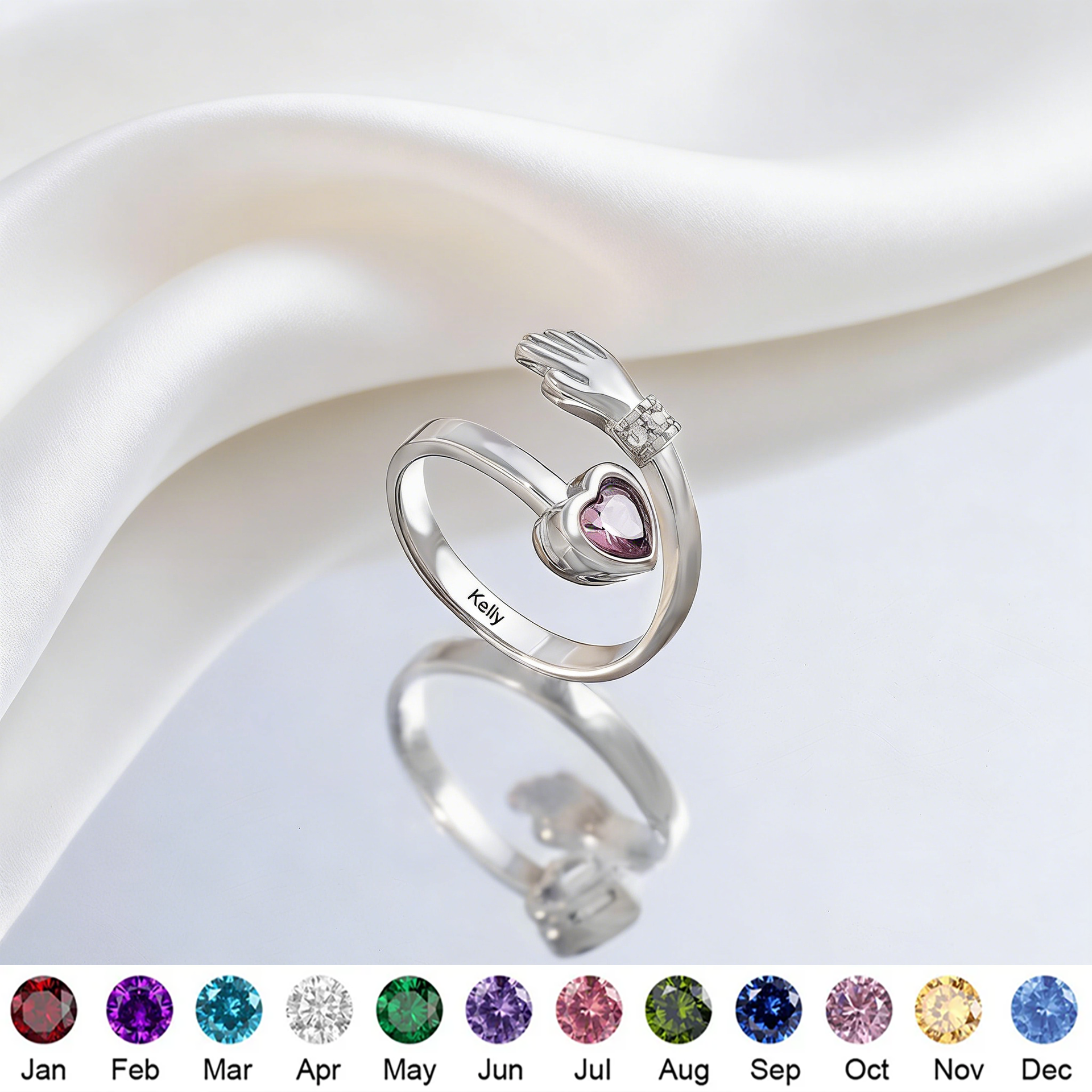 Personalized Heart Hug Ring With Birthstone & Name | Jewelry Gift For Granddaughter Women