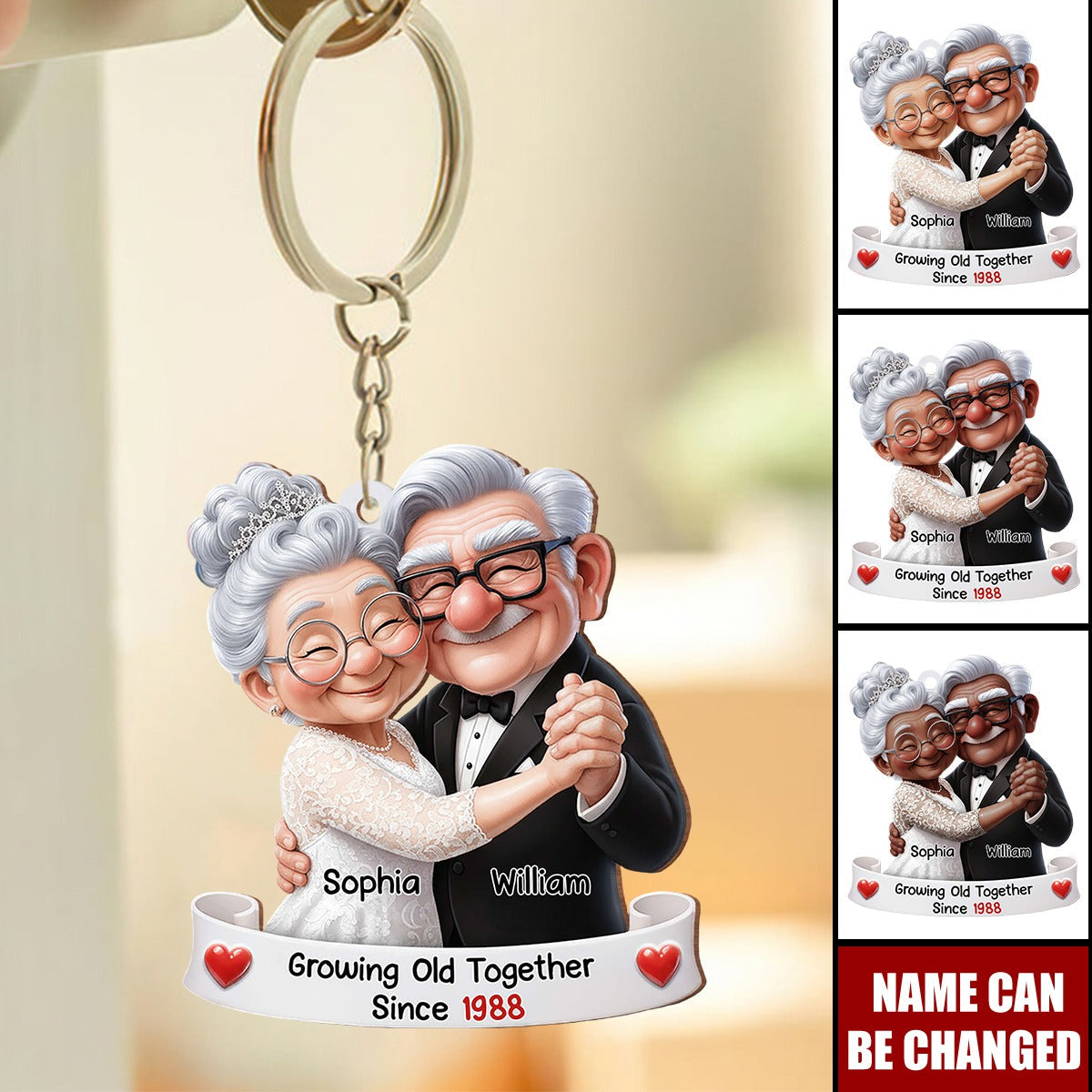 Personalized Cartoon Elderly Couple Keychain With Name & Year - Anniversary Valentine's Day Gift For Parents & Grandparents