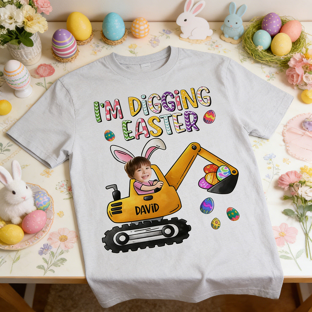 Personalized "I'm Digging Easter" Excavator T-Shirt With Name & Photo - Easter Egg Gift For Kids