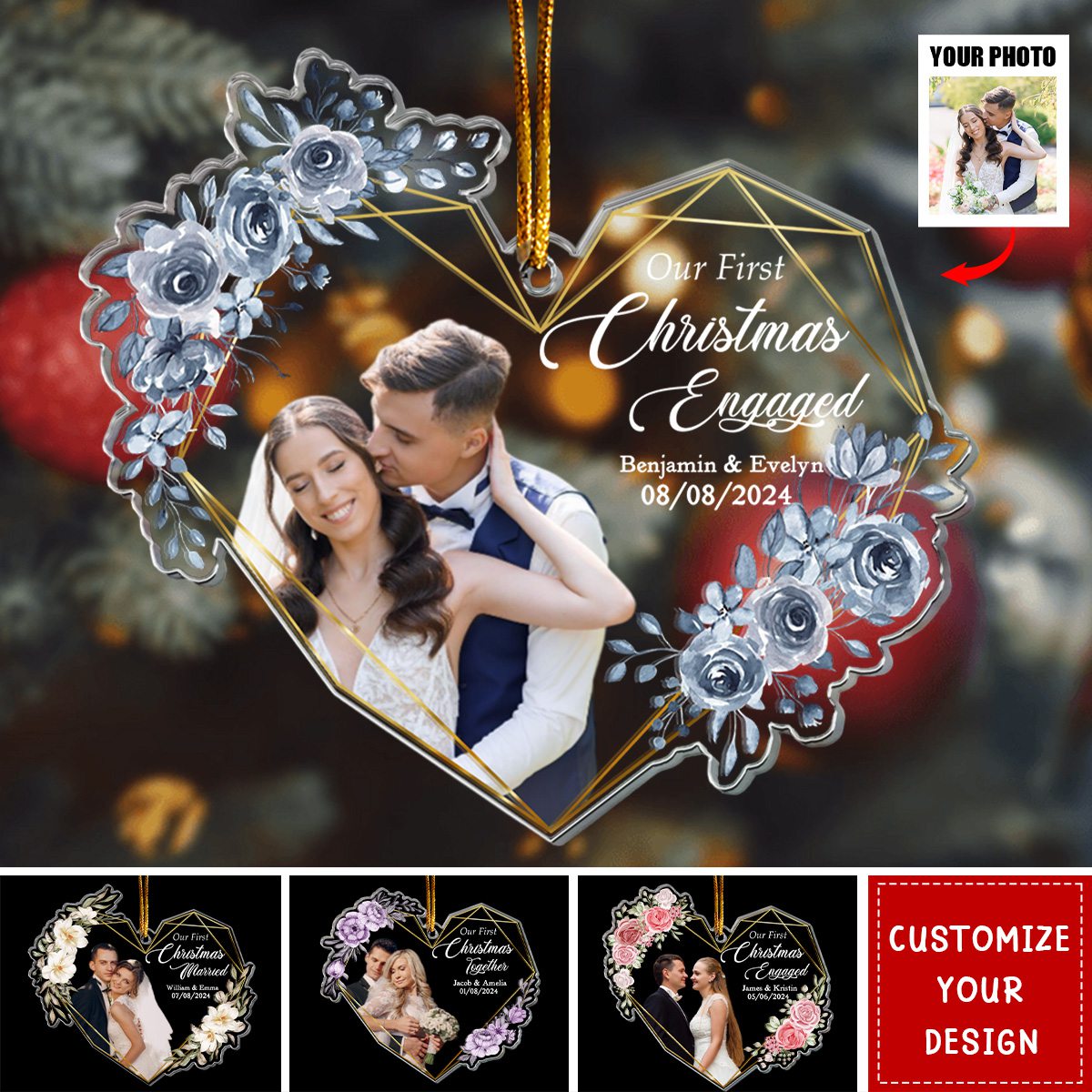 Custom Photo Christmas Ornament | Personalized Name,Photo & Date | Acrylic Heart | 1st Christmas Anniversary For Engaged & Newlyweds