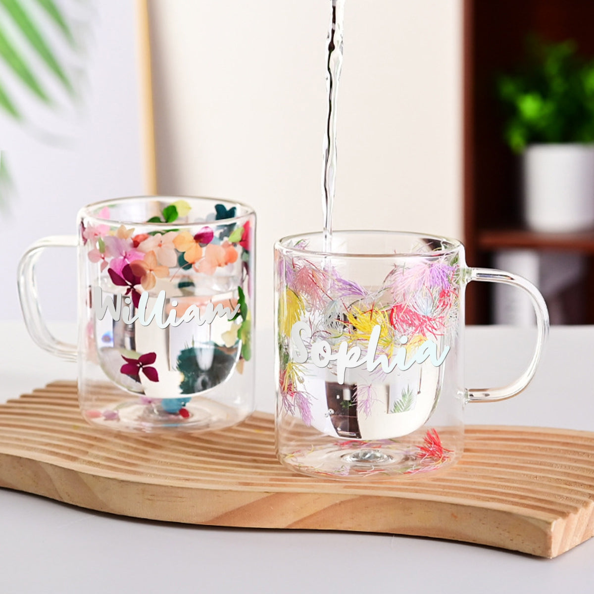 Insulated Layer Dried Flowers Double Wall Glass Personalized Coffee Mugs