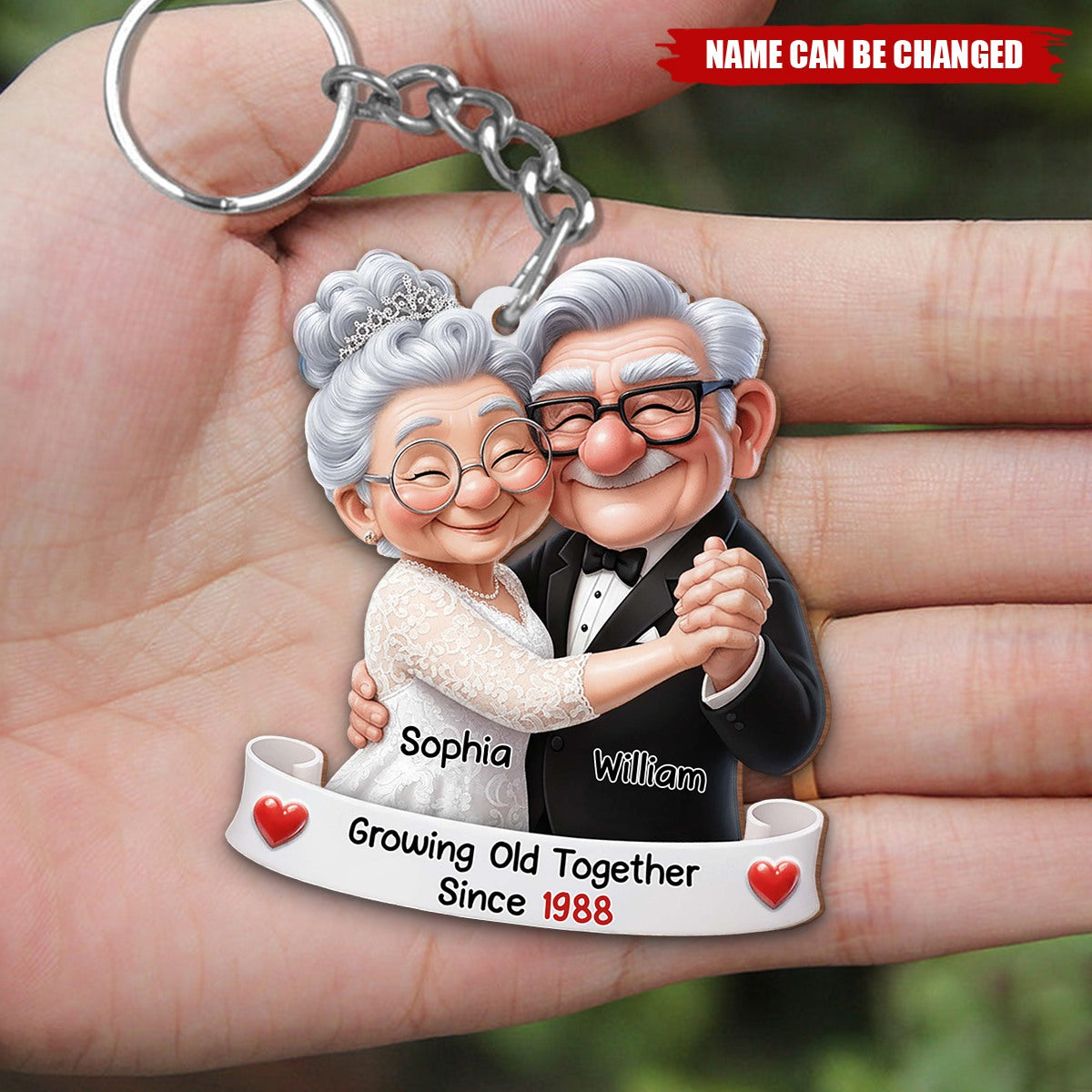 Personalized Cartoon Elderly Couple Keychain With Name & Year - Anniversary Valentine's Day Gift For Parents & Grandparents