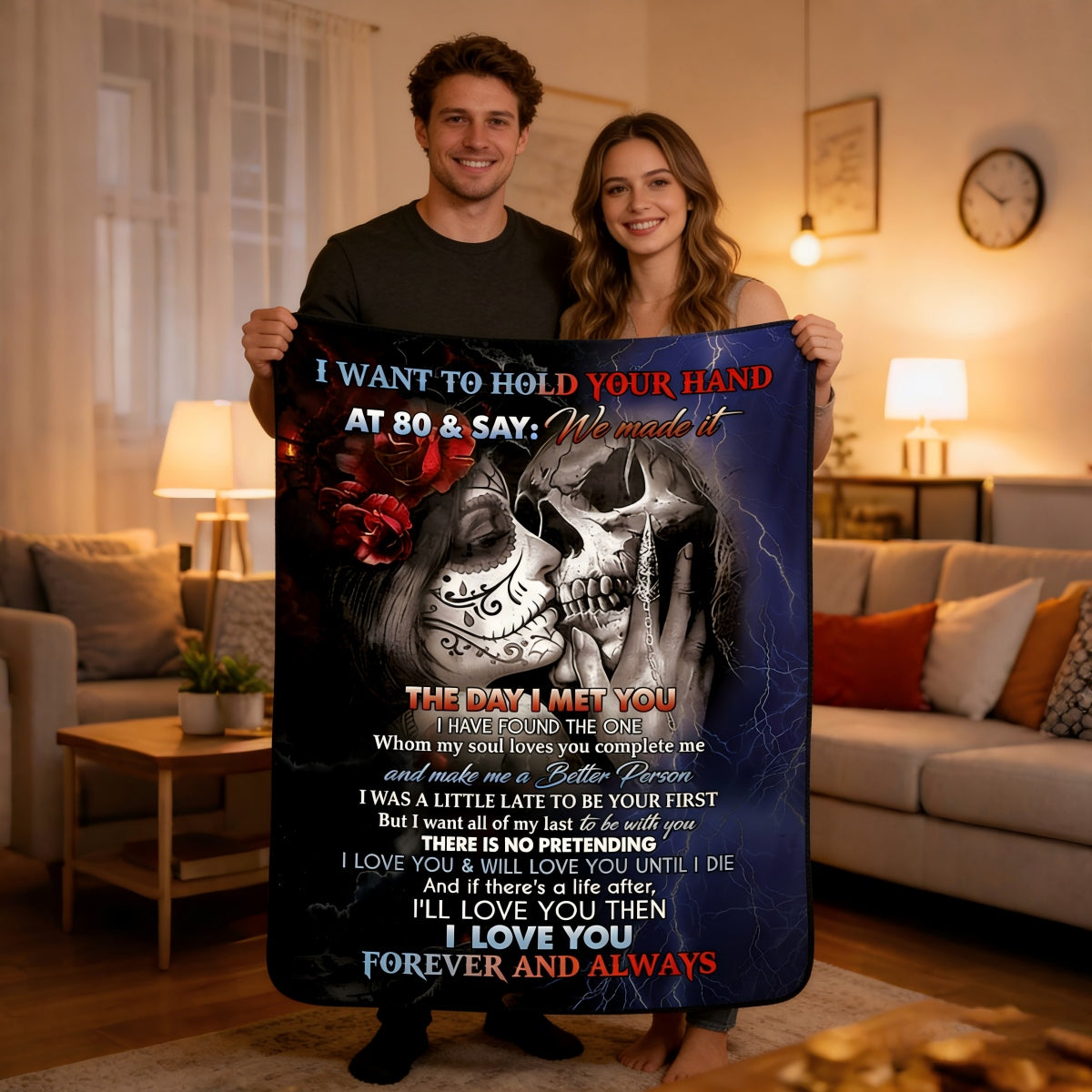 I Want To Hold Your Hand Eternal Love Couple Skull Blanket | Anniversary Valentine's Day Gift For Soulmate & Couple