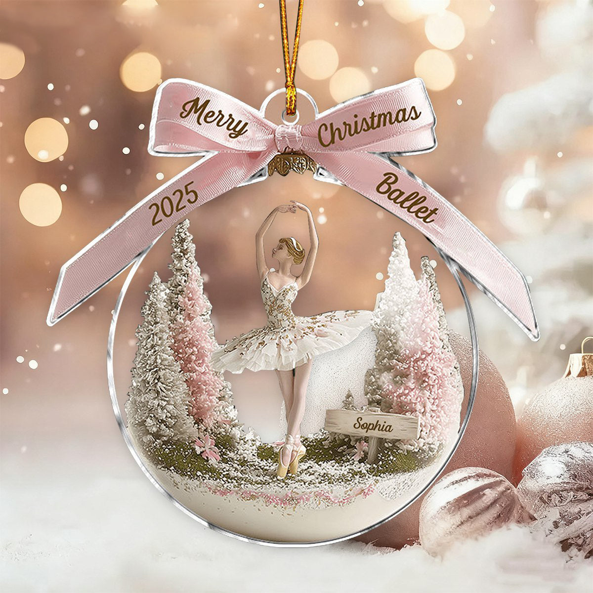 Personalized Awesome Ballet Ornament With Name on Fairy Pink Winter Scene Dreamy Christmas Gift For Ballerina & Ballet Lovers