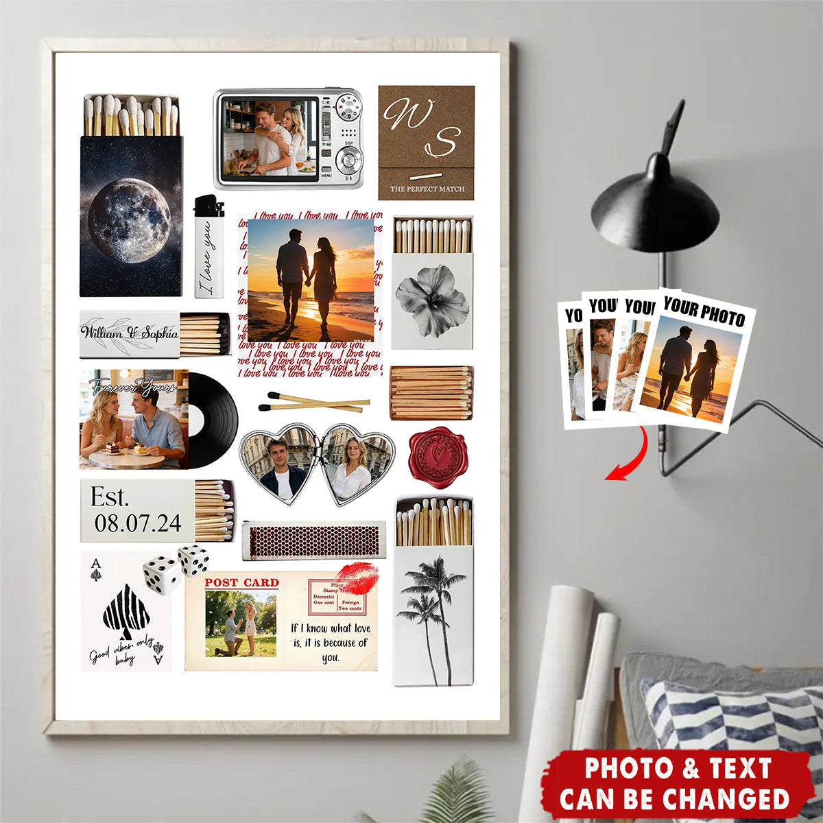 Personalized Love Story Memory Lane Photo Collage Wall Art Poster With Names & Date - Valentine's Day Gift Trendy Dopamine Decor For Couples