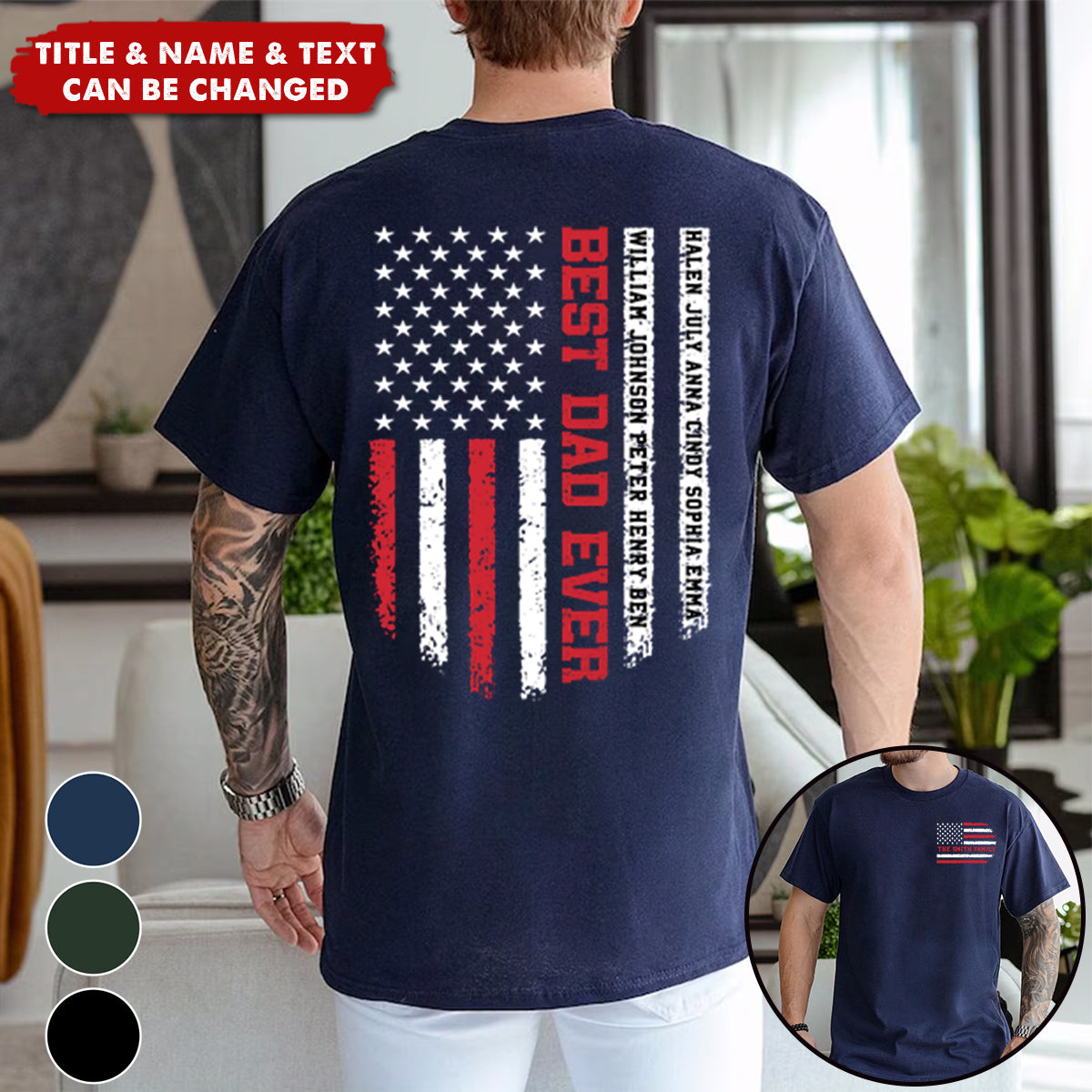 Personalized American Flag T-Shirt With Family Names & Color - Best Dad Ever Fathers Day Birthday Gift For Husband And Dad