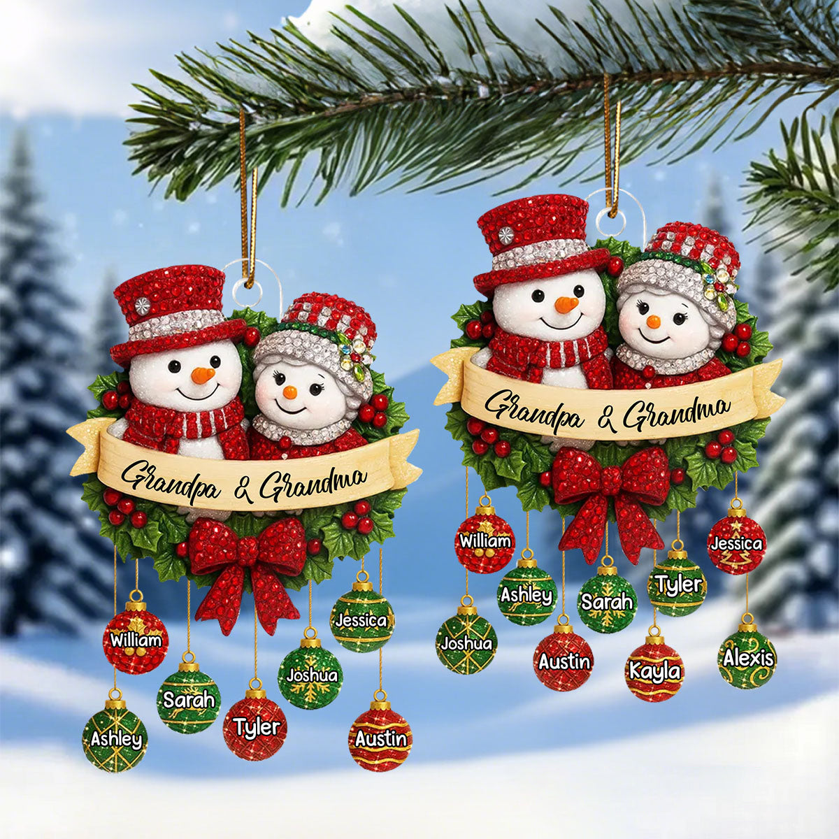 Personalized Snowman Family Christmas Wreath Ornament With 1-10 Names Christmas Memories Dedicated To Grandparents