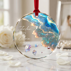 Personalized Names Date Glass Ornament With Ocean Wave Shell For Married Mr & Mrs Anniversary Gift