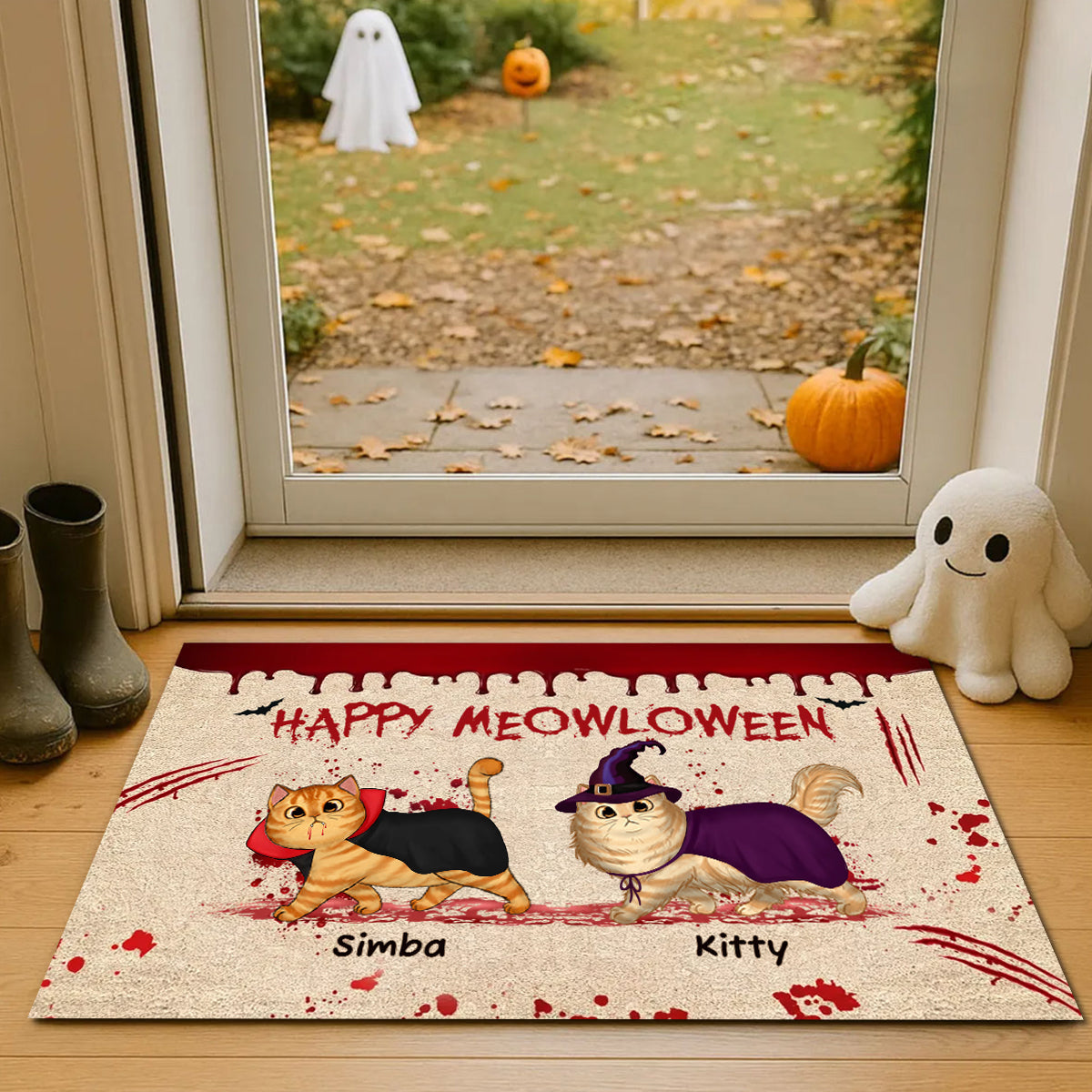 Personalized "Happy Meowloween Spooky" Doormat With Cat Names & Design,Unique Halloween Welcome Mat To Decorate Your New Home