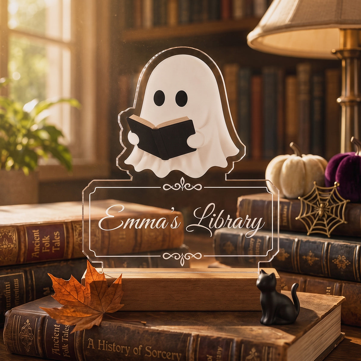 Personalized Name Acrylic Night Light With Bookworm Ghost For Halloween Decor