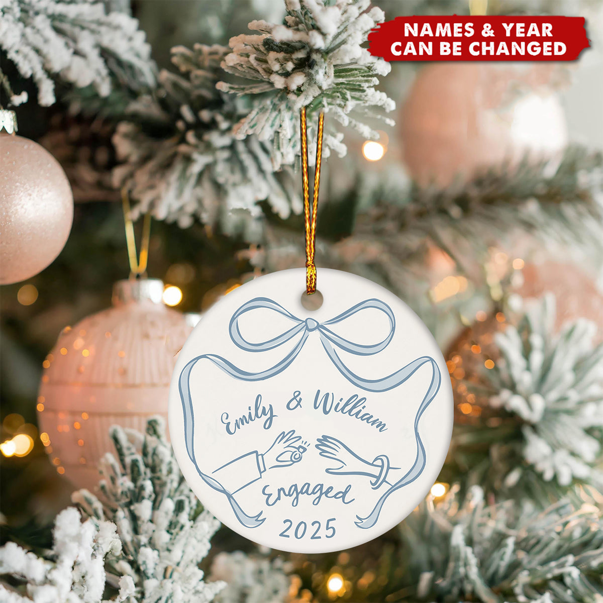 Personalized First Christmas Engaged Ornament | Custom Ceramic Engagement Gift For Couples & Fiancés For Christmas Anniversary