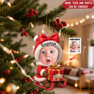 Personalized Baby Cheering On The Sled Ornament With Name Year & Photo Record Baby's 1st Christmas For Family